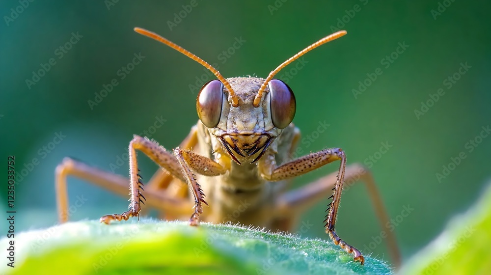 Poster Close Up of Brown Grasshopper on Leaf Displaying Intricate Details and Vibrant Colors in Natural Habitat : Generative AI
