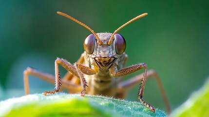 Fototapeta premium Close Up of Brown Grasshopper on Leaf Displaying Intricate Details and Vibrant Colors in Natural Habitat : Generative AI