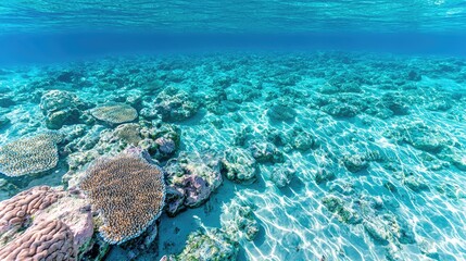 Naklejka premium Vibrant coral reef thrives on a sandy seabed under crystal clear turquoise ocean water illuminated by bright sunlight.