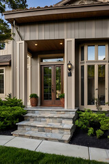 Modern House Exterior with Stone Steps and Landscaping.Luxury Home Design and Architecture.Real Estate Photography