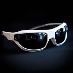 Smart glasses with advanced features displayed on a sleek black surface in a modern setting. Generative AI