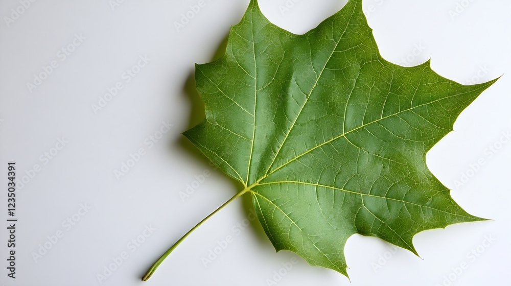 Poster closeup of vibrant green maple leaf on a white background : generative ai