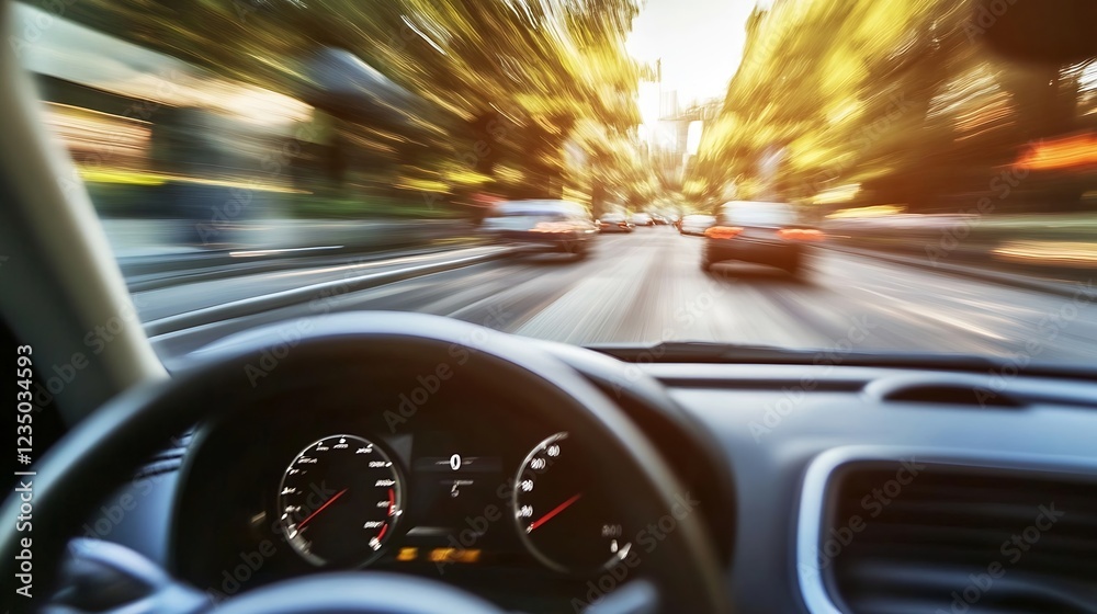 Poster rapid urban drive captured from car view with sunlit motion blur effect : generative ai