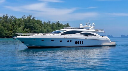 White Yacht Anchored Near Verdant Island Under Bright Blue Sky : Generative AI