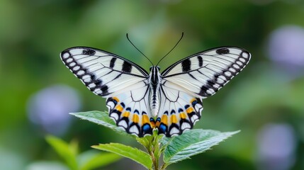 Obraz premium Colorful butterfly perched on leaf, green background, nature