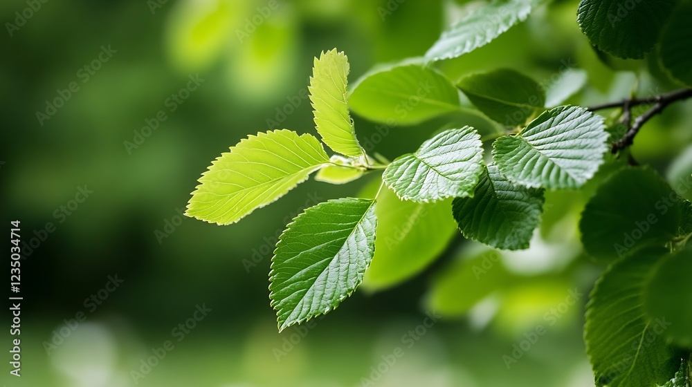 Poster Closeup of Green Leaves on Tree Branch in Sunlit Forest Setting : Generative AI