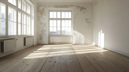 Sunlit Spacious Room with Large Windows and Wooden Flooring : Generative AI
