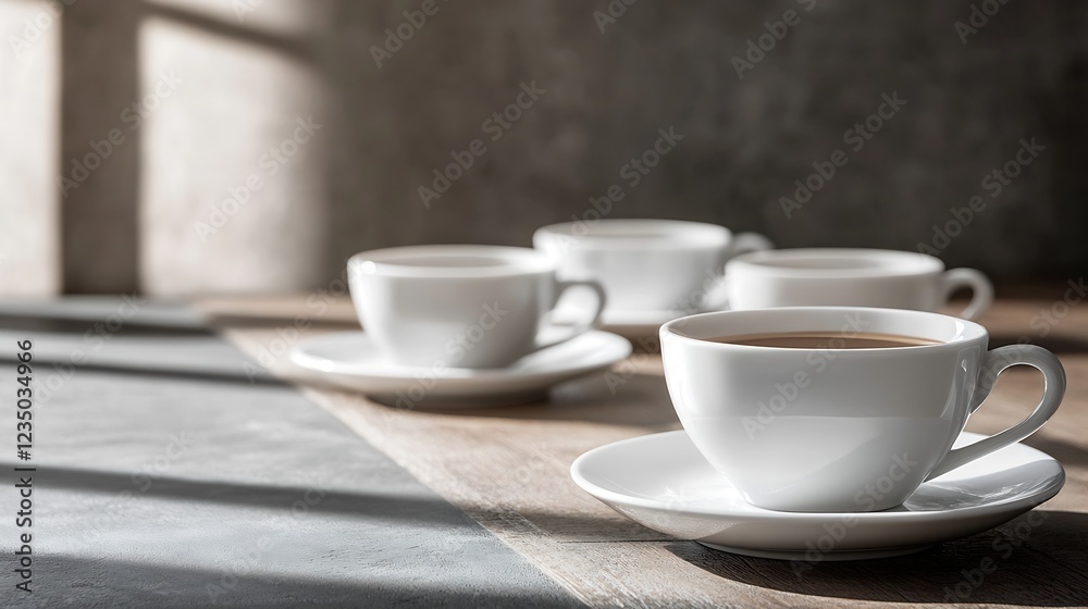 Poster tranquil morning coffee on rustic wooden table with warm sunlight illumination : generative ai
