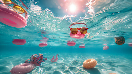 Underwater view with sunbeams, floating pool toys, and clear blue water.