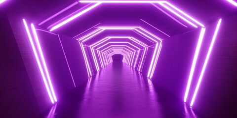 Abstract Purple Neon Tunnel Futuristic Glowing Light Corridor Digital Art Background Design 3D Cool