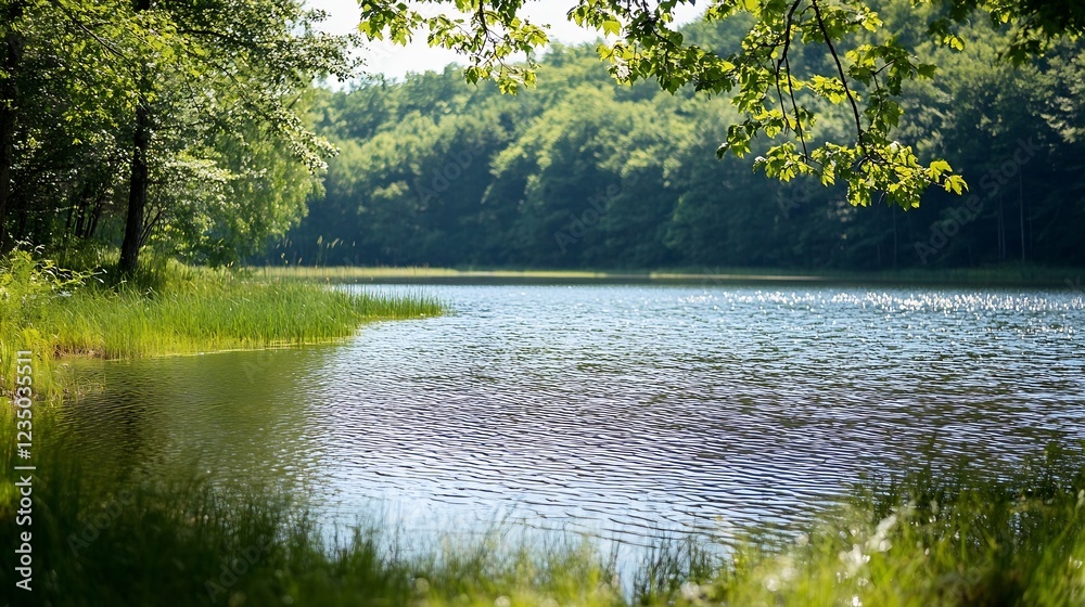 Poster serene lake scene surrounded by lush forest with rippling water reflecting daylight : generative ai