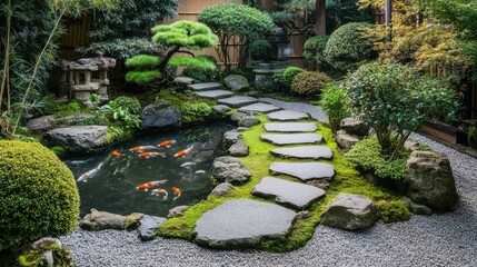 Tranquil garden pathway with stone steps leading to a serene pond surrounded by lush greenery in the late afternoon light