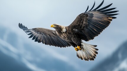 Fototapeta premium Majestic eagle soaring through a scenic backdrop at dusk revealing nature's beauty in flight
