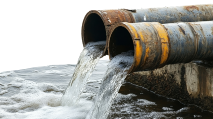 Two large rusty pipes discharging wastewater into river on transparent background