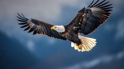 Majestic eagle soaring through a scenic backdrop at dusk revealing nature's beauty in flight