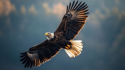 Majestic eagle soaring through a scenic backdrop at dusk revealing nature's beauty in flight