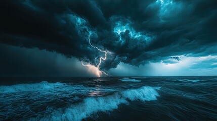 Stormy ocean landscape with dramatic lightning illuminating the dark clouds during twilight hours
