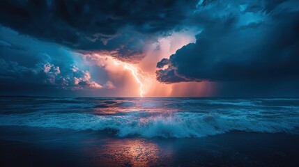 Stormy ocean landscape with dramatic lightning illuminating the dark clouds during twilight hours