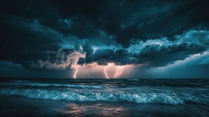 Stormy ocean landscape with dramatic lightning illuminating the dark clouds during twilight hours