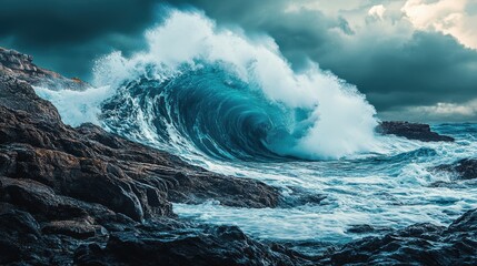 Waves crashing against rocky coastline during stormy weather in the late afternoon