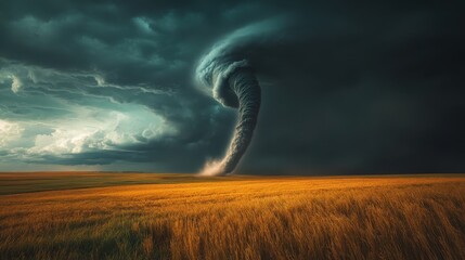 Dark storm clouds swirl above a tornado forming over a golden field during a late afternoon in a rural landscape