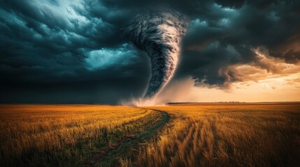 Dark storm clouds swirl above a tornado forming over a golden field during a late afternoon in a rural landscape