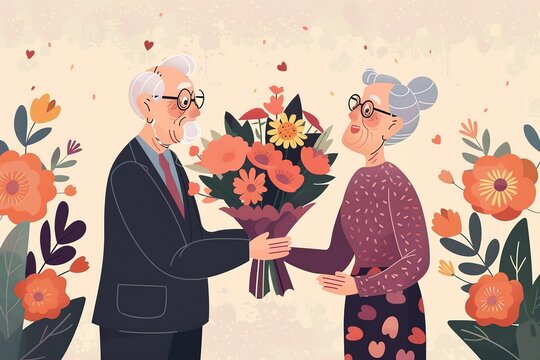 Elderly Couple Sharing Appreciation Through Gift of Flowers In Blooming Garden