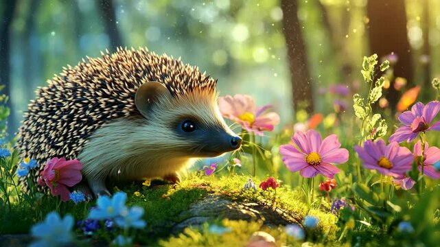 A cute hedgehog stands among colorful wildflowers in a sunlit forest, creating a charming and whimsical scene