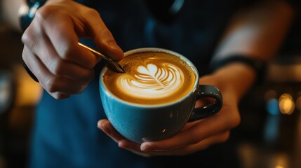 Barista skillfully pours latte art into a cup at a local coffee shop during a busy afternoon