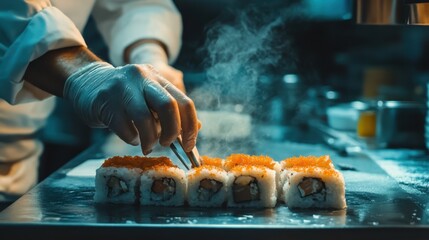 Expert sushi chef skillfully preparing a variety of sushi in a bustling restaurant kitchen during evening hours