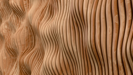 Abstract wavy wood panel wall. 3D rendered background design.