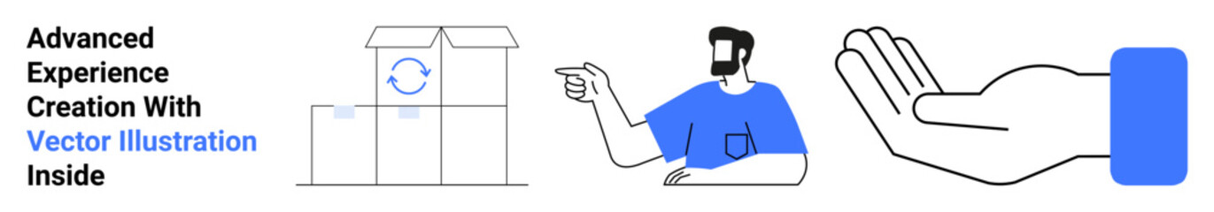 Person pointing to stacked boxes, open package with arrow symbol, extended hand gesture. Ideal for delivery, logistics, teamwork, customer support, services marketing, user assistance flat landing