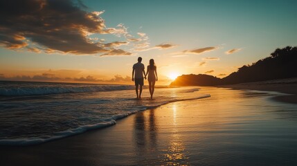 Couple walking hand in hand along the beach during a vibrant sunset