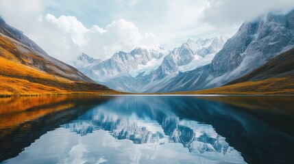 Majestic mountain landscape with serene lake reflecting the peaks during daytime