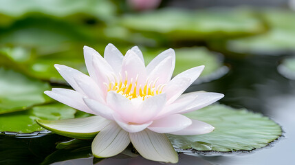 Pink water lily blooms in pond, green leaves background, nature serenity, meditation