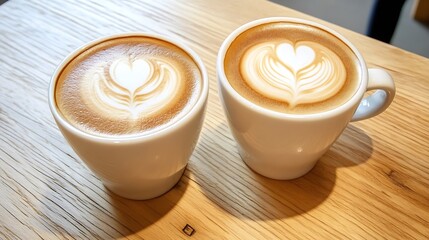 Beautiful Latte Art in Dual White Cups on Light Wooden Surfaces for Coffee Aficionados : Generative AI