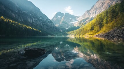 Majestic mountain landscape with serene lake reflecting the peaks during daytime