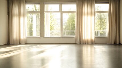 Obraz premium Bright Sunlit Empty Room with Large Windows and Flowing Curtains for Creative Use : Generative AI