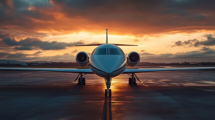 Luxury jet awaits departure under a colorful sunset sky at the airport