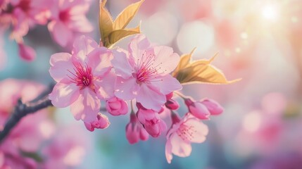 Cherry blossoms bloom beautifully in the warm sunlight of spring in a tranquil garden