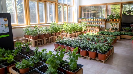 Obraz premium Bright Indoor Greenhouse Filled with Sunlit Potted Plants Variety of Greens : Generative AI