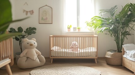 Modern Cozy Baby Nursery with Wooden Crib and Soft Interior Design for Comfortable Infant Space : Generative AI
