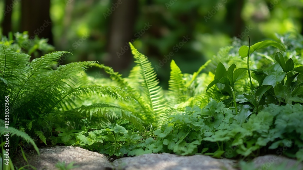 Poster Lush Greenery Ferns and Foliage in a Serene Garden Setting : Generative AI