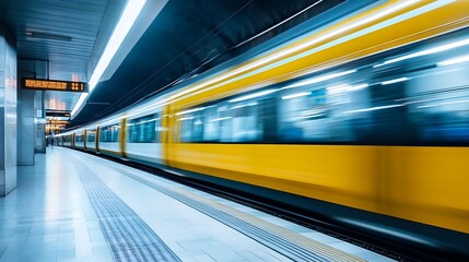 Obraz premium Fast Train Blurring Past in a Modern Urban Subway Station : Generative AI