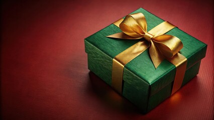 Obraz premium A green gift box with a golden bow sits on a red textured background, symbolizing the joy and anticipation of receiving a special present.