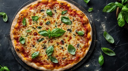 Freshly baked pizza topped with mozzarella cheese and basil leaves on a black stone surface in a vibrant kitchen setting