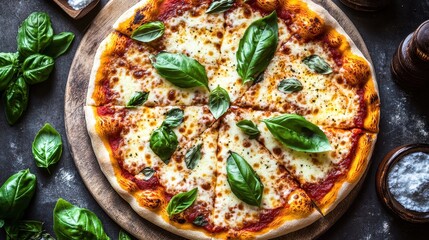 Freshly baked pizza topped with mozzarella cheese and basil leaves on a black stone surface in a vibrant kitchen setting
