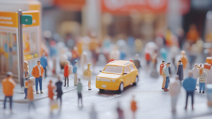 Obraz premium vibrant city scene featuring miniature people and yellow car, capturing hustle and bustle of urban life. colorful figures create lively atmosphere