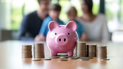 pink piggy bank sits on table surrounded by stacks of coins, symbolizing savings and financial planning. family is blurred in background, emphasizing importance of teaching children about money