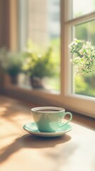 A serene scene of a cup of coffee on a wooden table, bathed in warm sunlight by a window with greenery in the background.